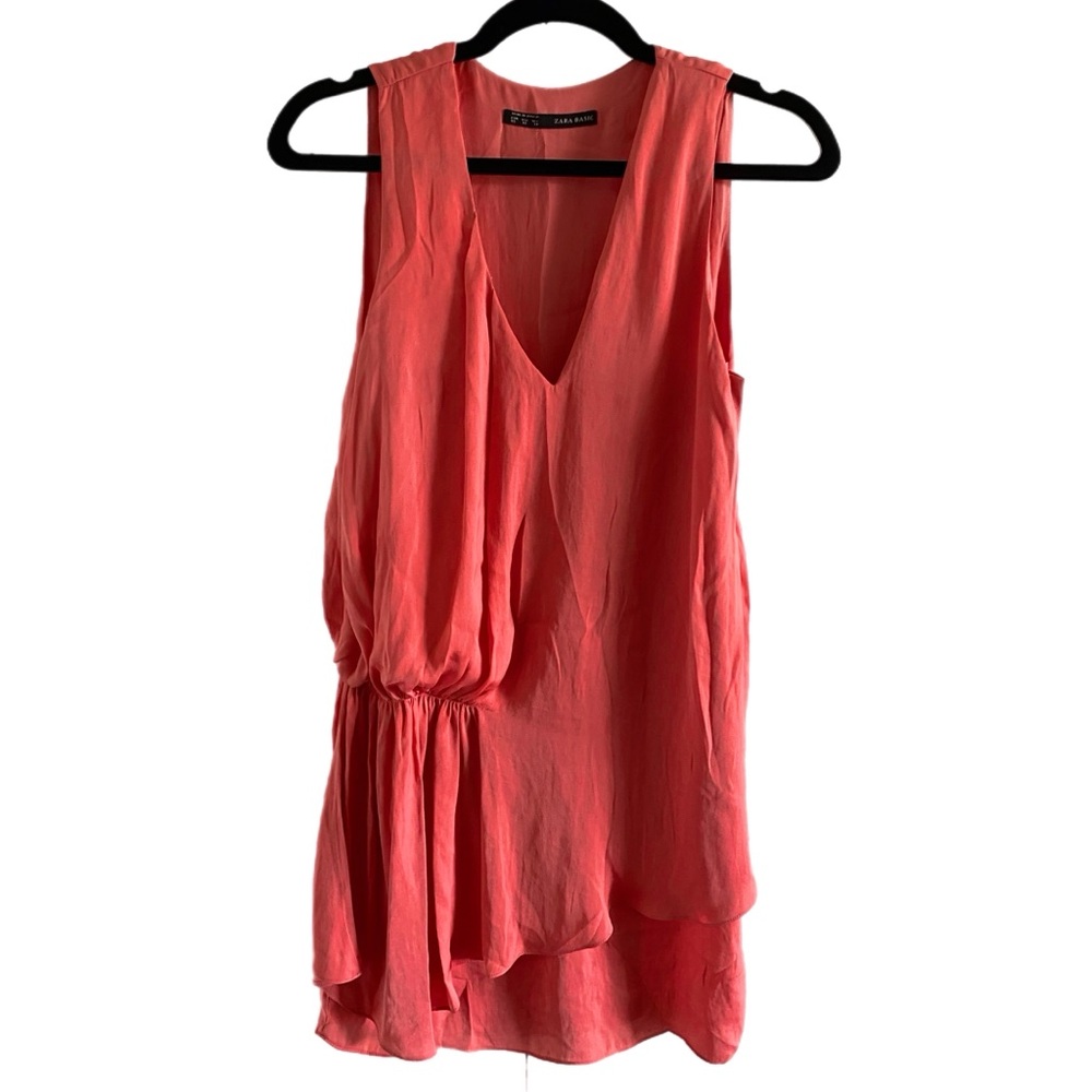 Zara Mini Dress, Asymmetric Scrunched, V neck, Orange Salmon Color, size XS